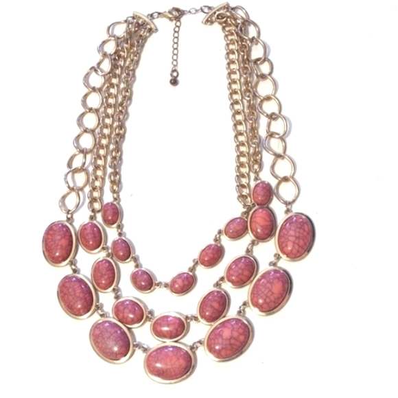 VINTAGE 3-STRAND GOLD-TONE DARK PINK SPECKLED STONE COLLAR 17-20" NECKLACE - Picture 7 of 8